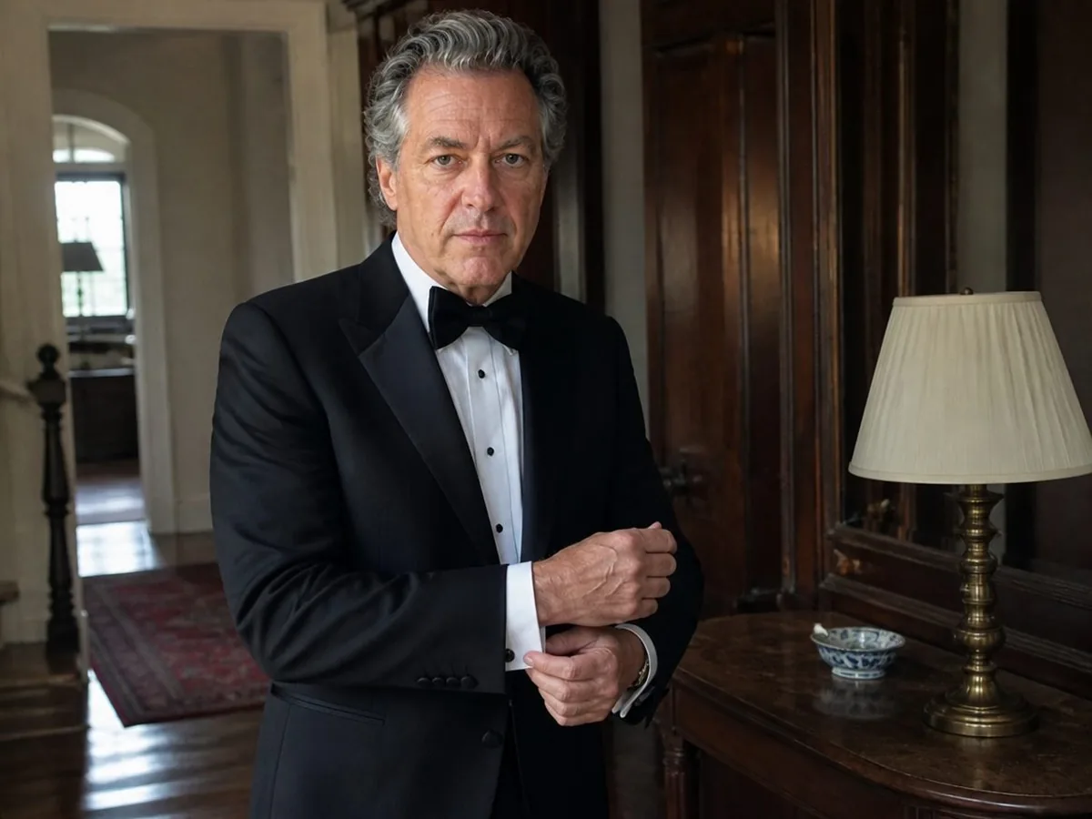 Charles Ashworth in black tie, fastening a cufflink in a wood-paneled hall