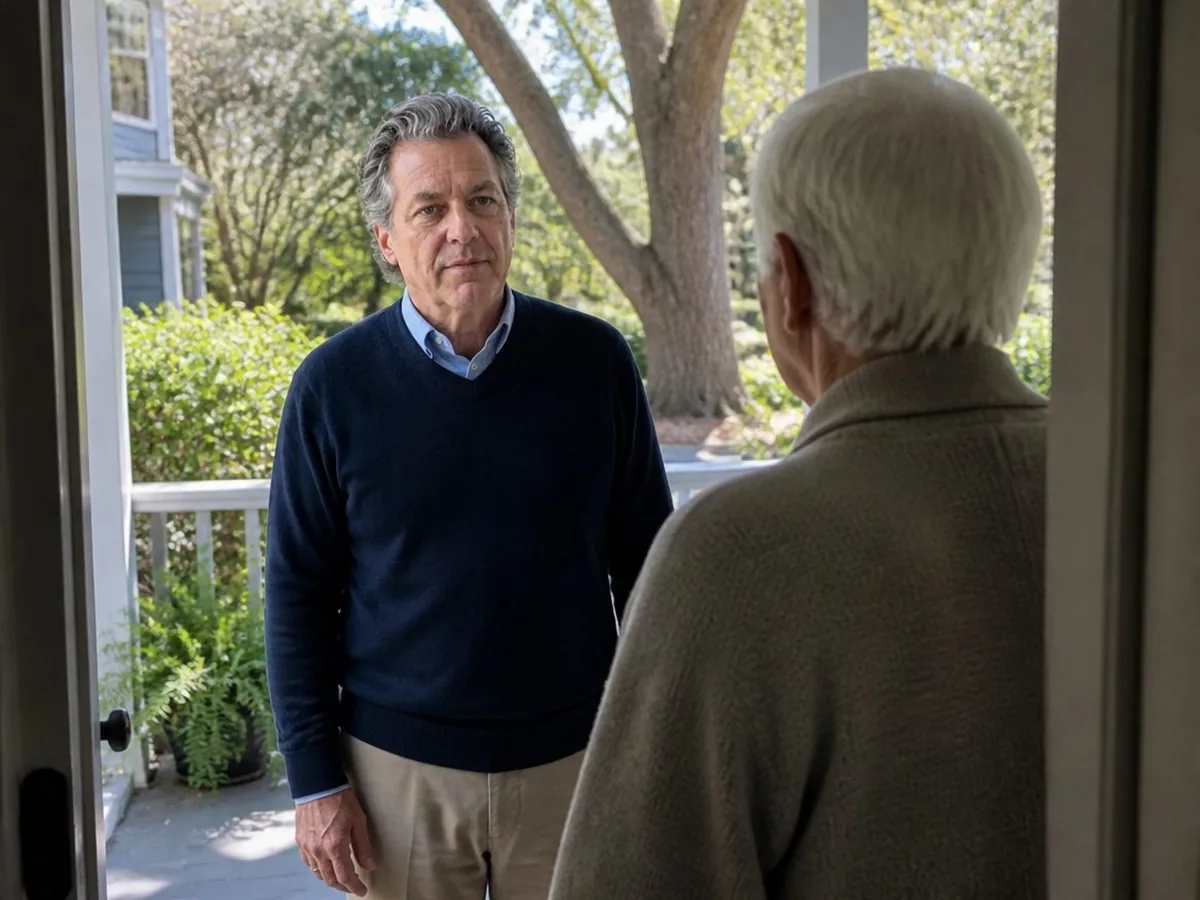 Charles Ashworth greeting a neighbor at the front door