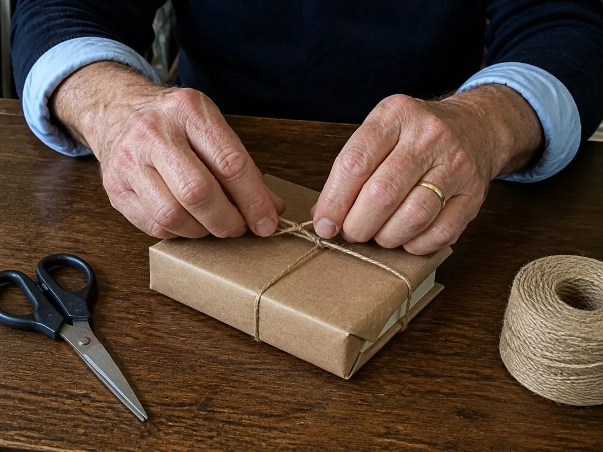 Charles Ashworth's hands tying a gift wrapped in brown paper